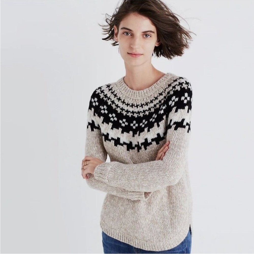 Madewell Driftweave Fair Isle Aplaca Blend Crewneck Sweater (Black and Cream)